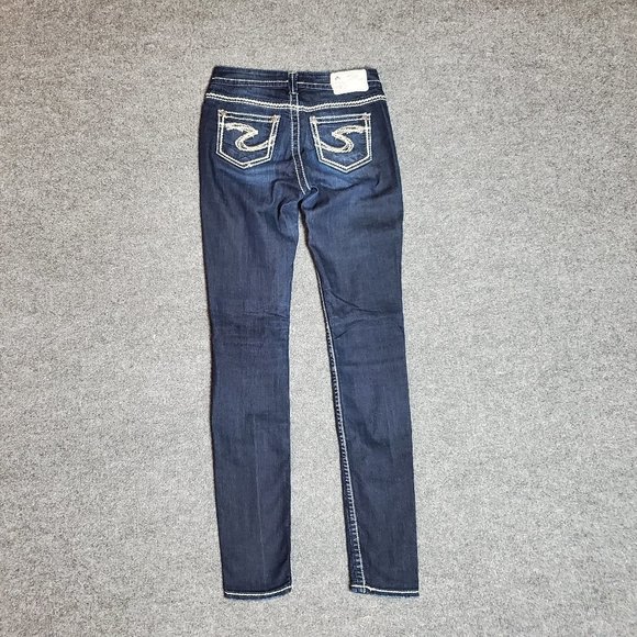 Silver Suki Super Skinny 26x33 (M 27x32 8.5 Low Rise) Dark Embroidered Jeans A17 - Picture 2 of 9